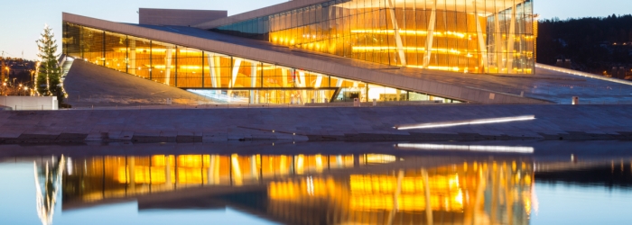 Oslo Opera House shine at dusk, morning twilight,  Norway